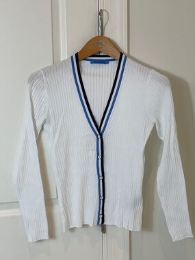 J. McLaughlin White Ribbed Cardigan with Navy and Blue Trim